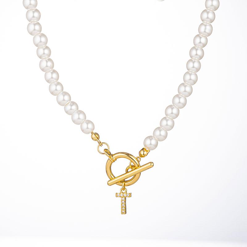 Zircon Crystal Initial A-Z Letter Pendant Necklace for Women Toggle Clasp Imitation Pearls Necklaces Wedding Jewelry Gift