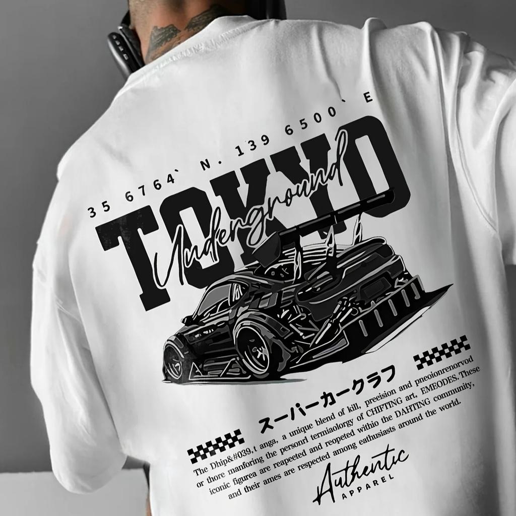 2026 Unisex Tokyo Underground Graphic T-Shirt Black White Anime Car Design Casual Short Sleeve Tee for Outdoor Activities Summer