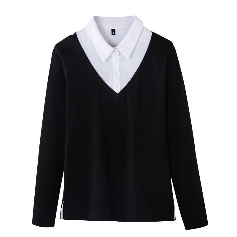 Bavlna korejské jaro nové dámské košile s dlouhým rukávem podzimní falešné dvě ženy štíhlé košile s límcem s otočením dolů Za topy