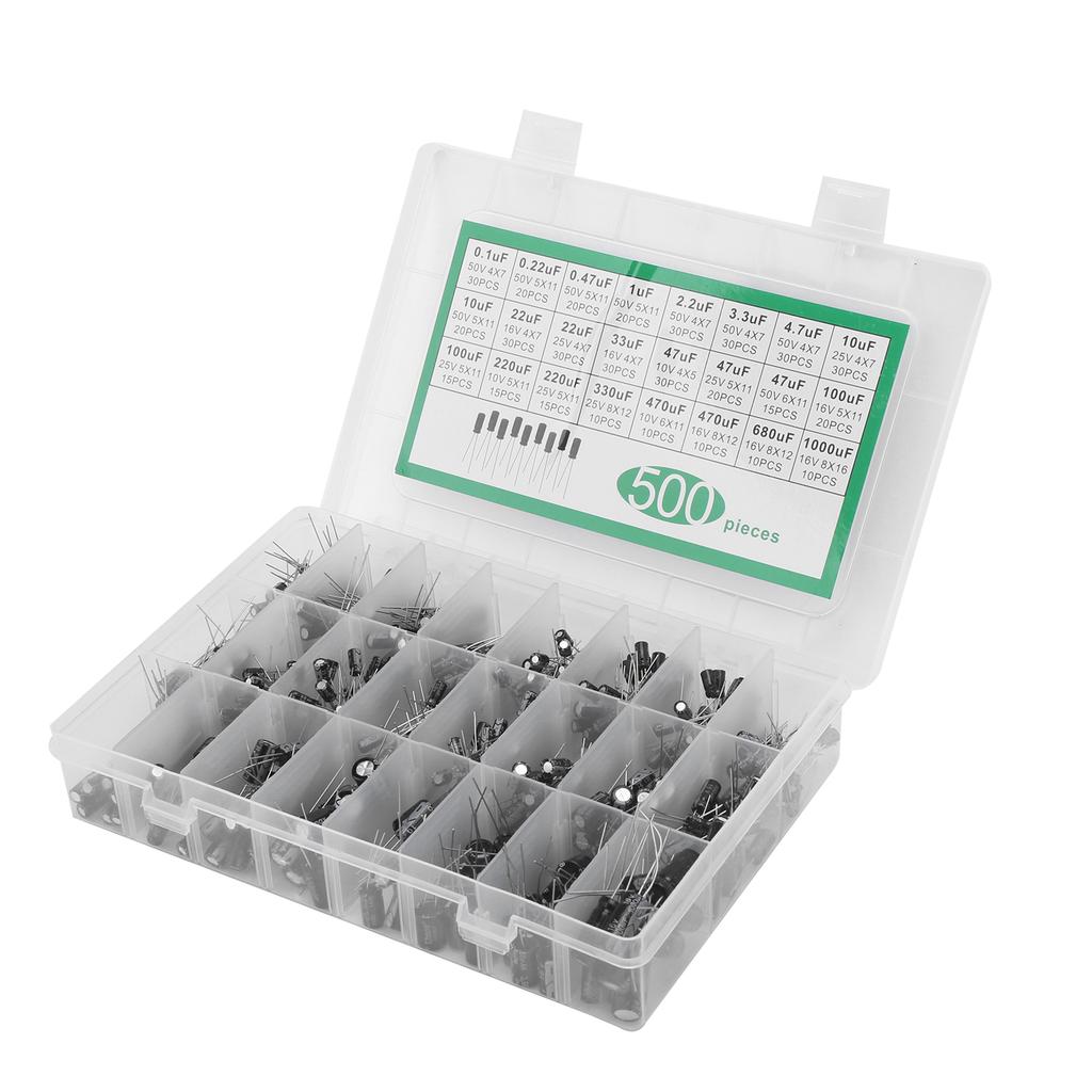 500Pcs Electrolytic Capacitor Kit 24 Value Assortment Box 0.1uF?1000uF 10V 16V 25V 50V