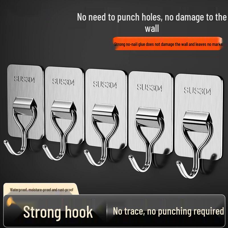 Seamless Adhesive Stainless Steel Hooks - No-Drill Wall Mount for Bathroom, Kitchen, Door, or Dorm Use
