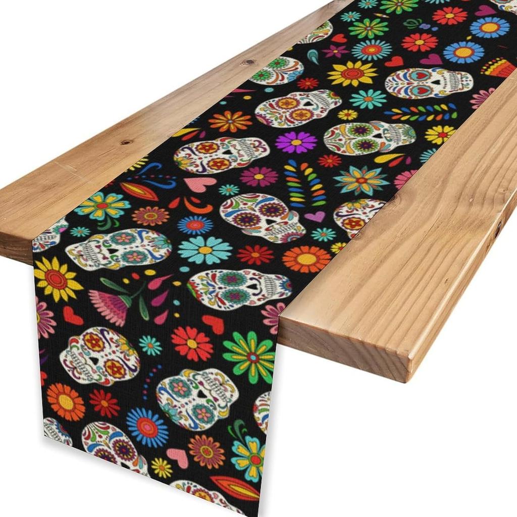 Mexican Day of The Dead Skull Floral Linen Table Runner Tabletop Decor Reusable Kitchen Dining Table Runner Holiday Party Decor