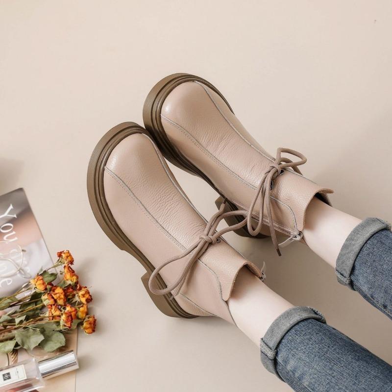 2026 Autumn Early Winter Genuine Leather Shoes Women Ankle Boots Soft Fashion Brand Ladies Party Shoes Plus Size 41 Beige Black