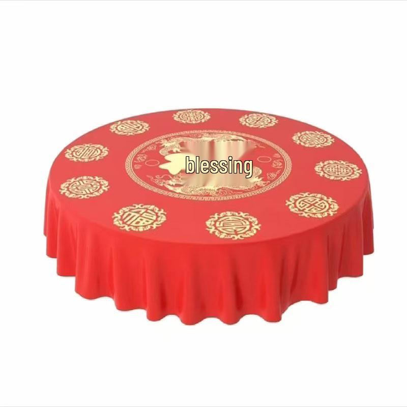Double Happiness Red Wedding Banquet Tablecloth - Thick, Disposable Plastic with Chinese Longevity and Fu Character Design.