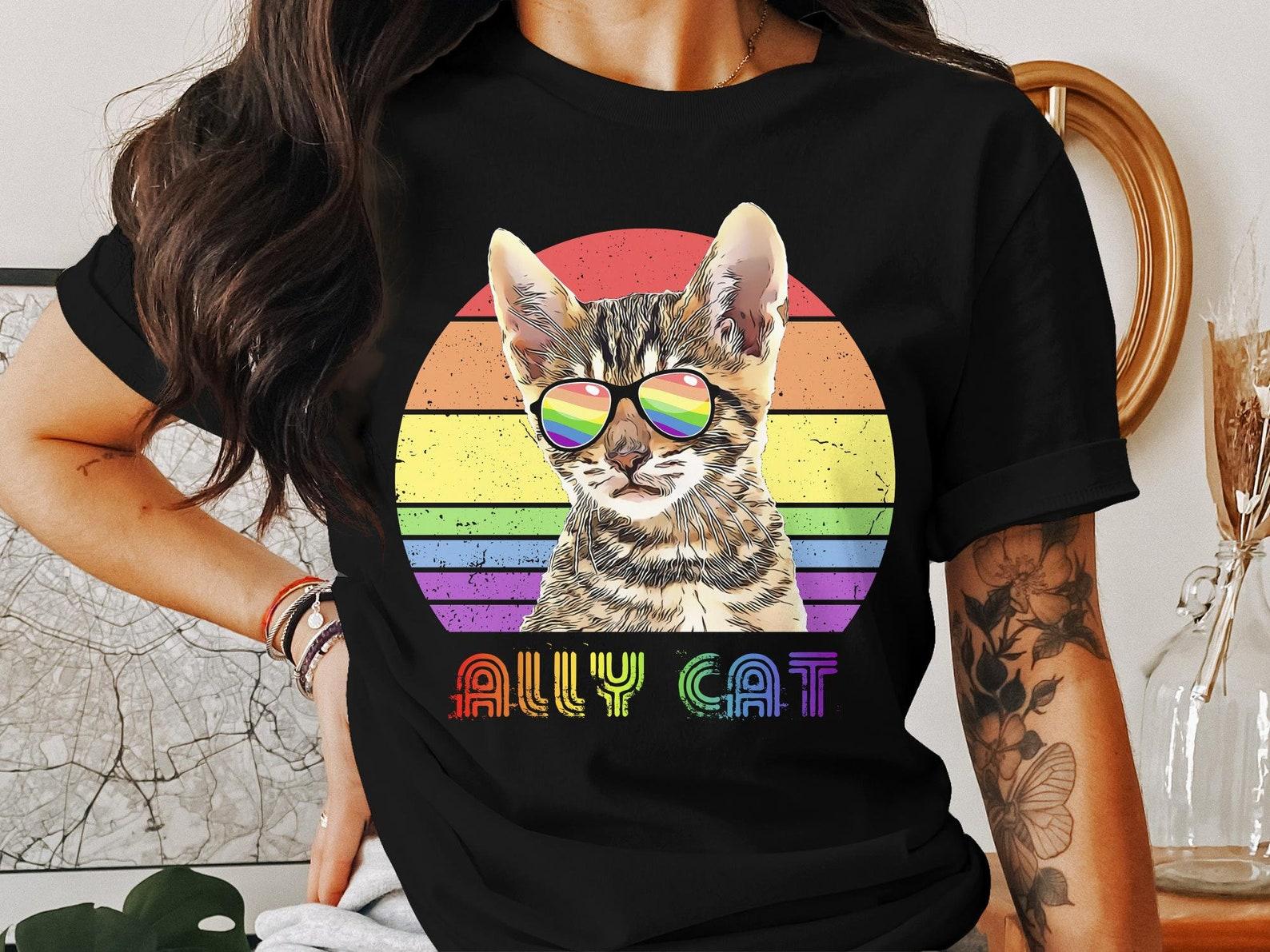 Cool Ally Cat T-Shirt With Rainbow Stripes and Sunglasses, Colorful Cat Lover Tee, Unisex Graphic Shirt 3XL