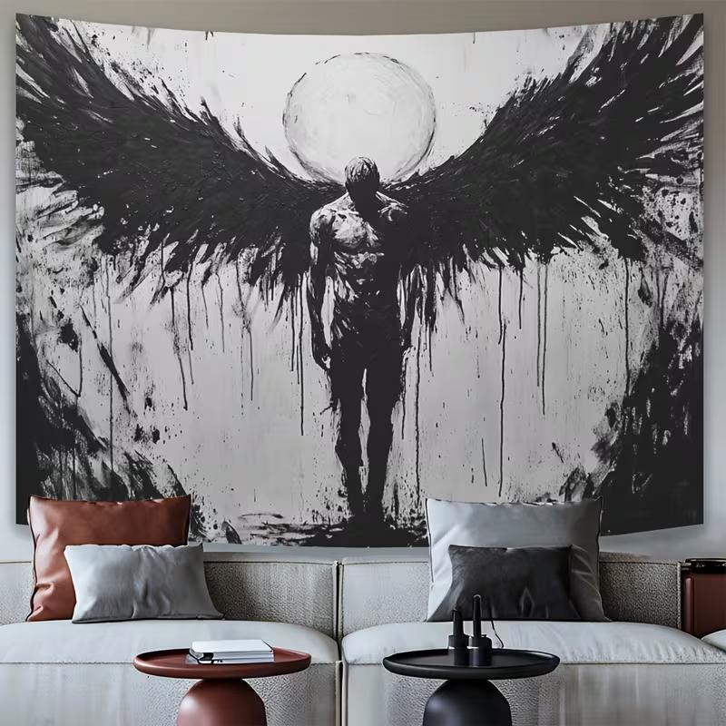 

2D Abstract Black Angel Tapestry Cloth with Moon and Drip Effect 47.2x31.5inch/120*80cm