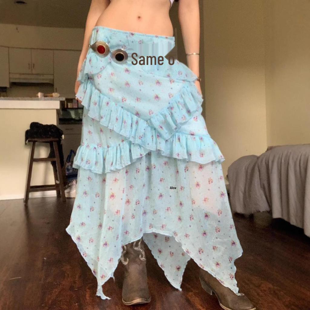 Spicy Floral Ruffle Mesh Skirt - Irregular Hem for Summer Vacation