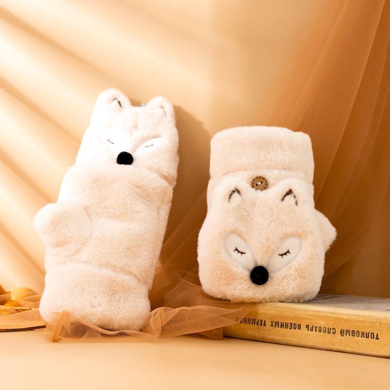 

Autumn and winter cartoon plush flip fox plush thickened warm even finger student gloves tide