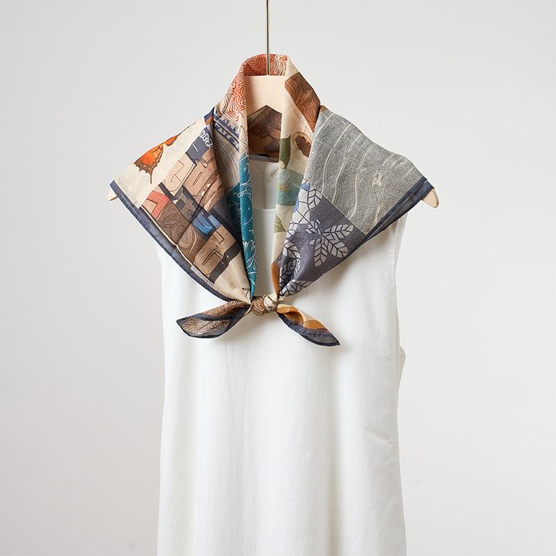 New spring and summer light and breathable 61 * 61cm square scarf versatile printed mulberry silk cotton blended women's silk scarf