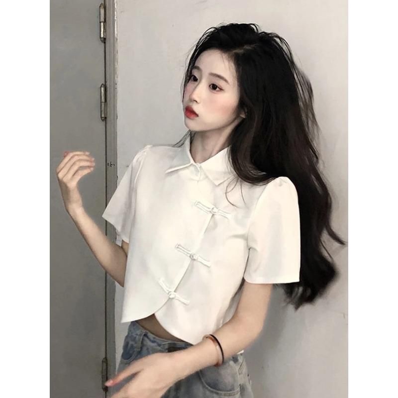 Chinese Style Shirts Women Modern Crop Pure Summer All-match Sweet Girl Irregular Fashion Lady Elegant Thin