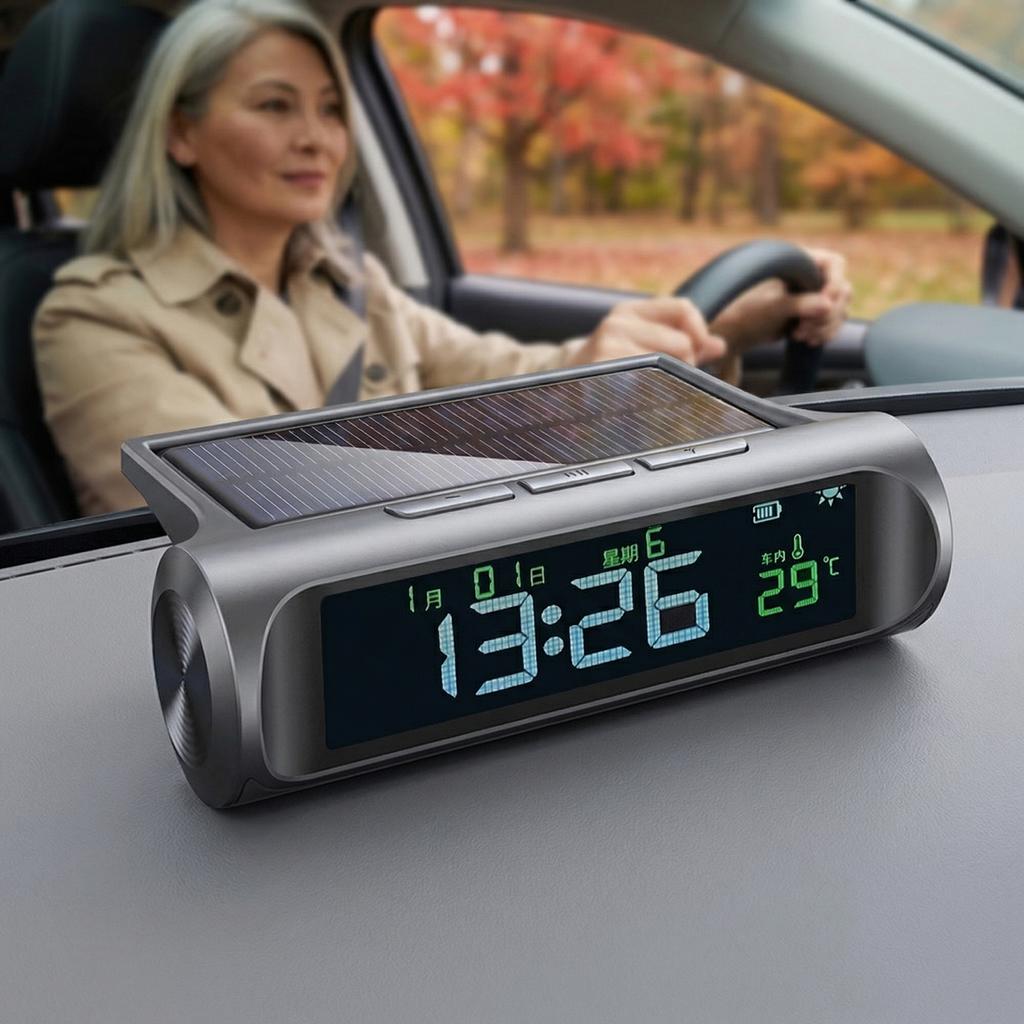 Solar/USB Car Dashboard Clock Digital Clock with Time/Date/Temperature Display Electronic Clock for Car Truck Outdoor Camping