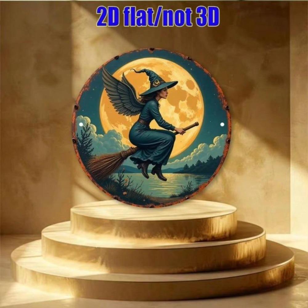 Magic Winged Witch Metal Round Sign Vintage 2D Flat Wall Decor 7.8x7.8 Inch Waterproof Aluminum Art Home Garden Cafe Bar Decor