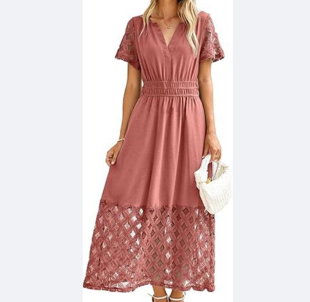 

Элегантное платье с V-образным вырезом, короткими рукавами и цветочным кружевом для женщин, подчеркивающее талию S