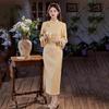 Elegant Long Sleeve Qipao Dress Women Winter Vintage Chic Fit Floral Jacquard Robe