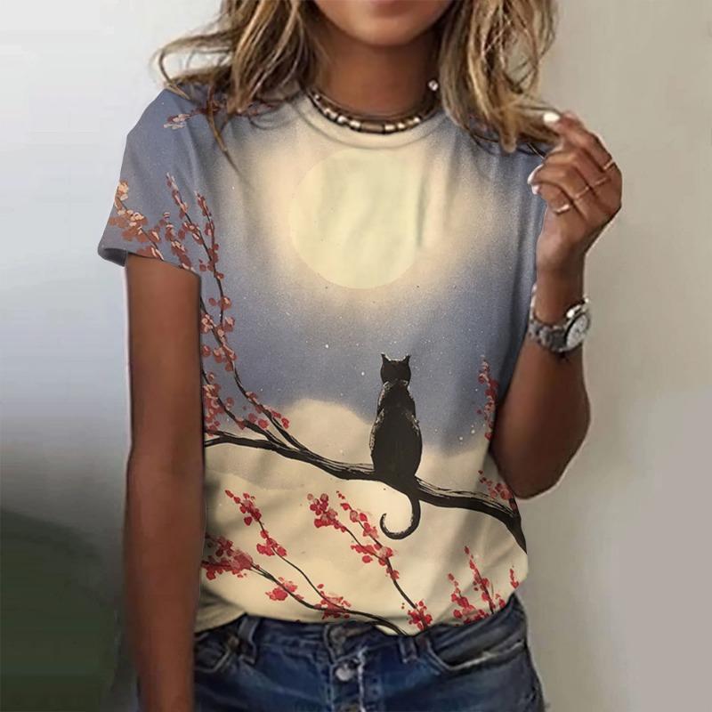 Summer Kitten Pattern 3D Printed Loose Casual Round Neck Short Sleeved T-Shirts Women’s