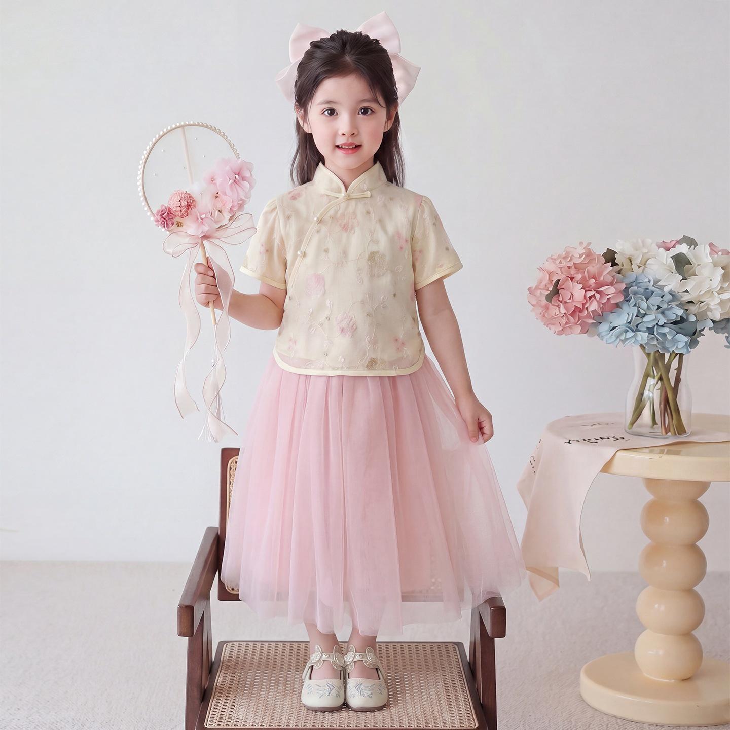 2025 Girls Chinese Style Summer Qipao Set - Two-Piece Hanfu Skirt 150 розовый