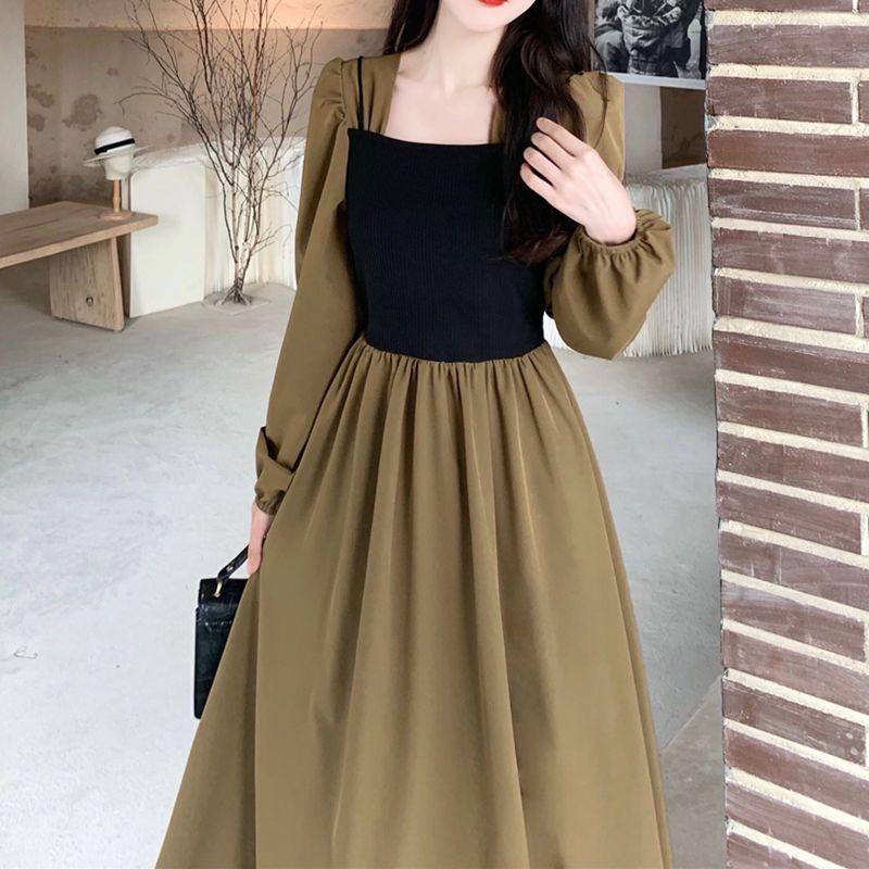 

Весна и осень, длинная юбка в стиле ретро в стиле меньшинства с застежкой на талии, чтобы показать тонкое искусственное платье из двух частей в стиле пэчворк L