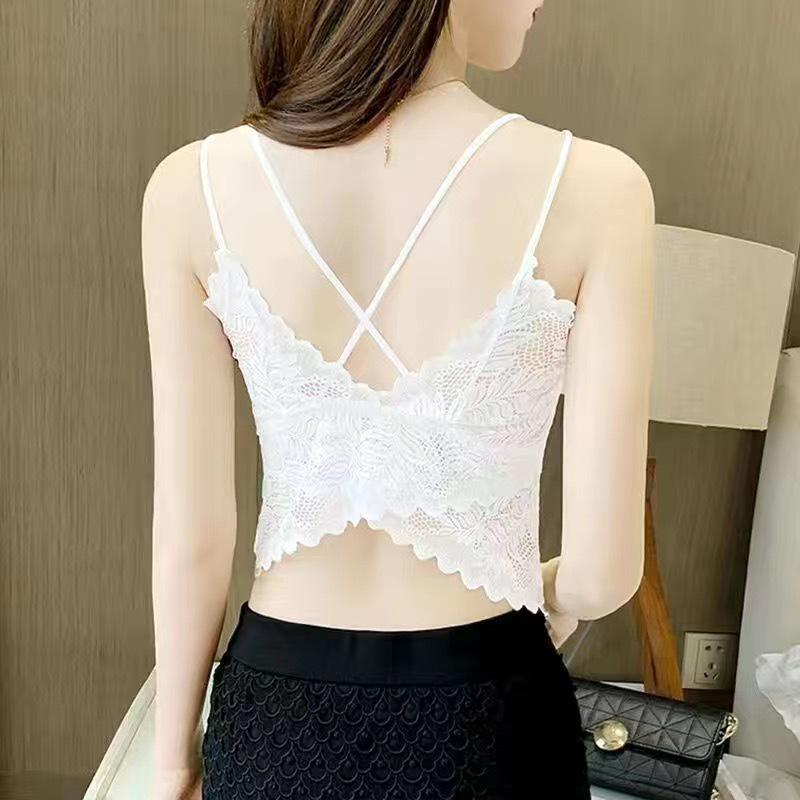 Damen Dünnes Spitzen Lang Tanktop mit Eingearbeiteten BH-Polstern, Stilvolles Rückendesign