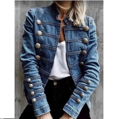 Retro Court Style Buckle Decoration Long Sleeved Top for Spring and Autumn Fashion Stand Up Collar Denim Short Jacket