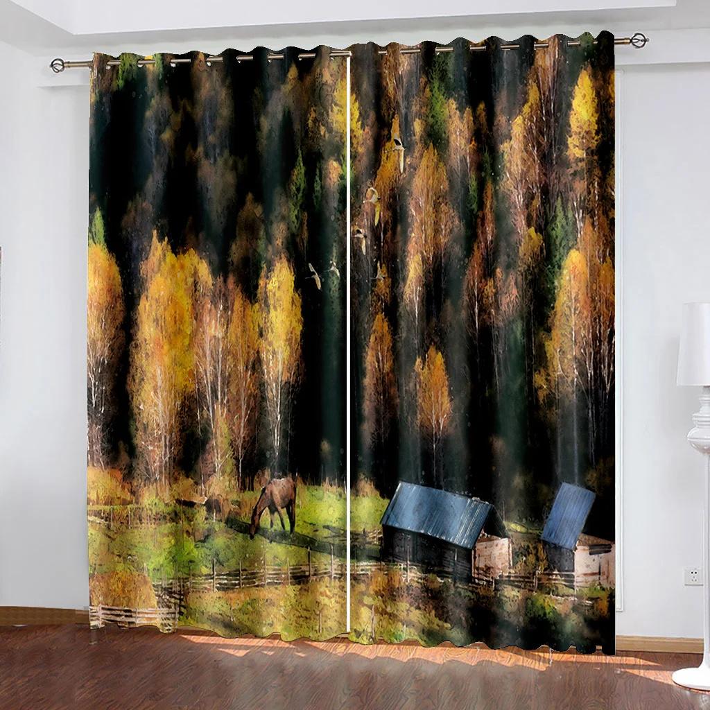 Spring and Autumn Forest Scenery Series Sunshade Curtains 2 Pieces for Living Room Bedroom Home Decoration Hook Perforation