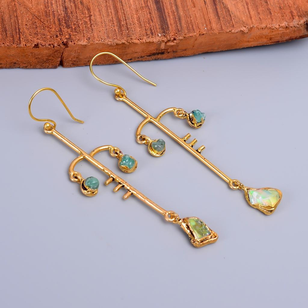 Natural Ethiopian Opal Gold Plated Drop Dangle Electroformed Earrings Jewelry V-72