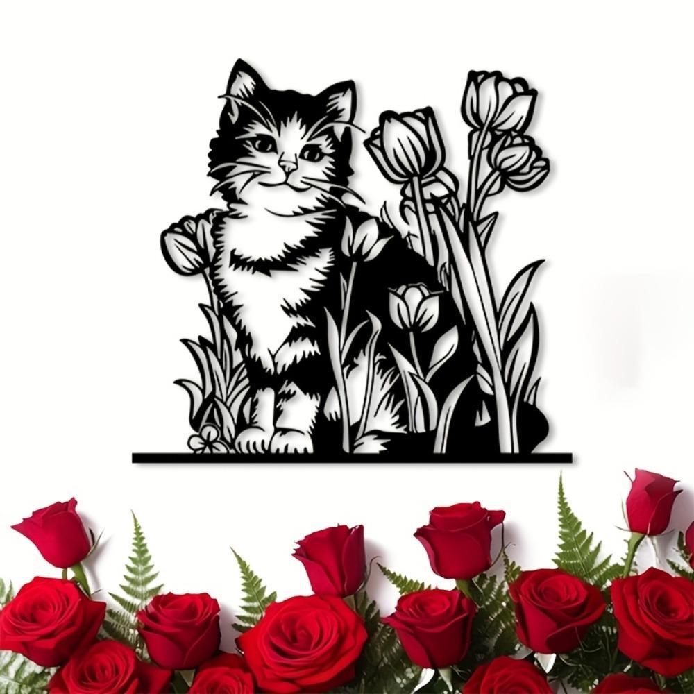 Vintage Iron Cat and Tulip Garden Wall Decor Sculpture Gift