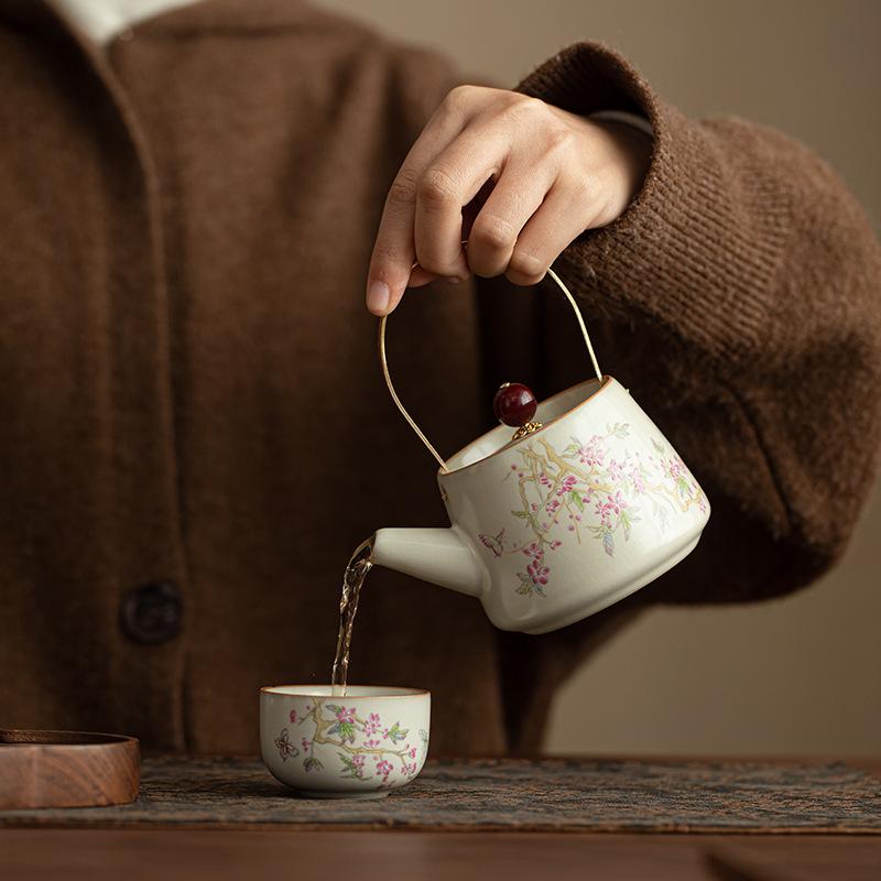 Beige Ru Kiln Open Teapot Household Brewing Teapot Kung Fu Tea Set Retro Single Pot Filter Chinese Beam Pot High-grade