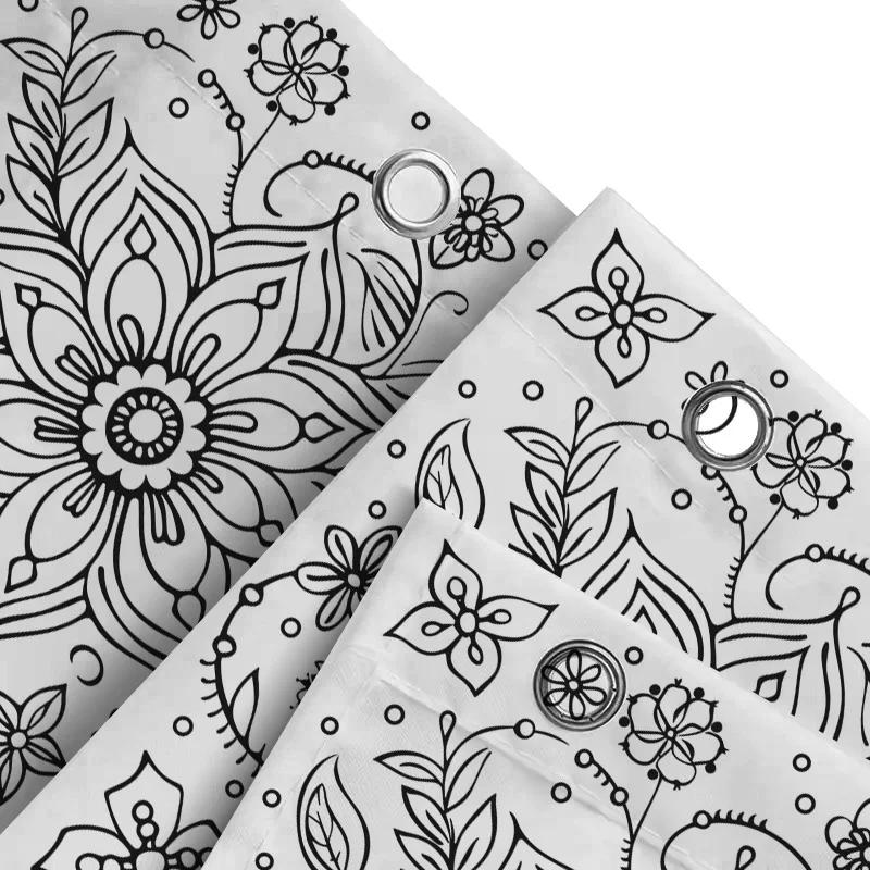 Black White Floral Shower Curtain Decorative Pattern For Home Bathroom Modern Design With Leaves And Petals Print