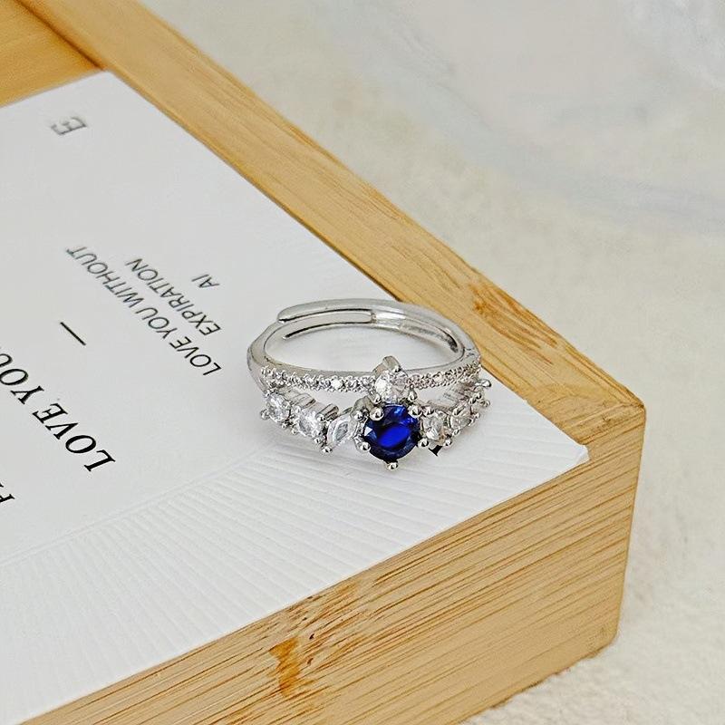 Light Luxury Full Diamond Sea Blue Zircon High-End Open Ring Gypsy Star Niche Design Butterfly Personalized Index Finger Ring Female