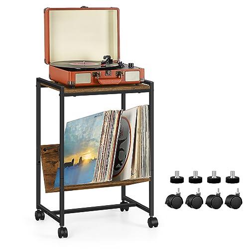 Record Player Table,2 Tier Record Player Stand,Vinyl Record Stand Storage with 4 Wheels, Turntable Stand for Bedroom Living Room