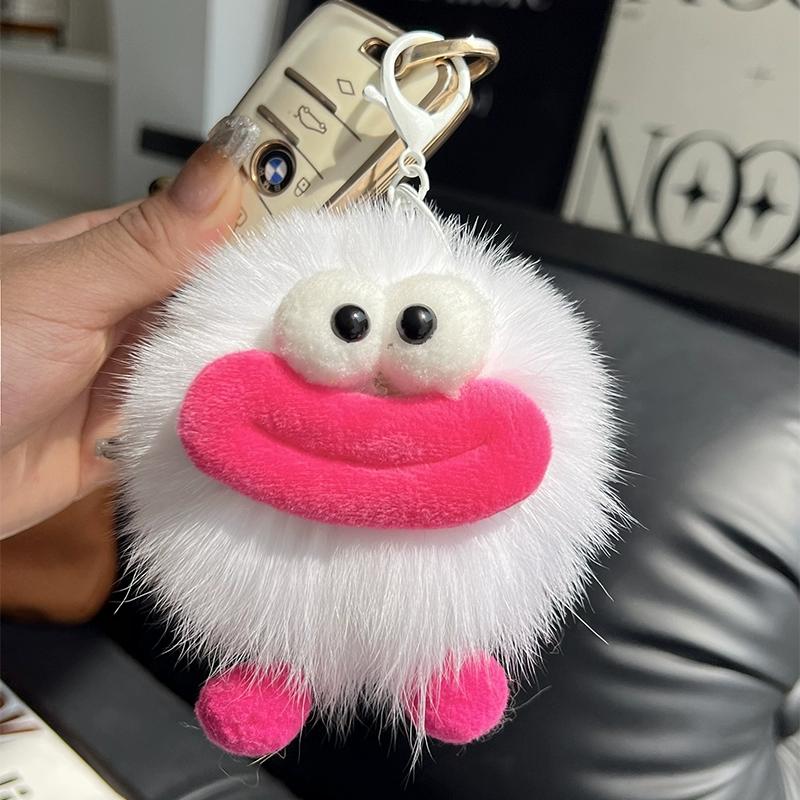 [Cute Big Mouth] Fox Hair Small Coal Ball Keychain Pendant, Pom-pom Doll, Doll Back Bag Pendant