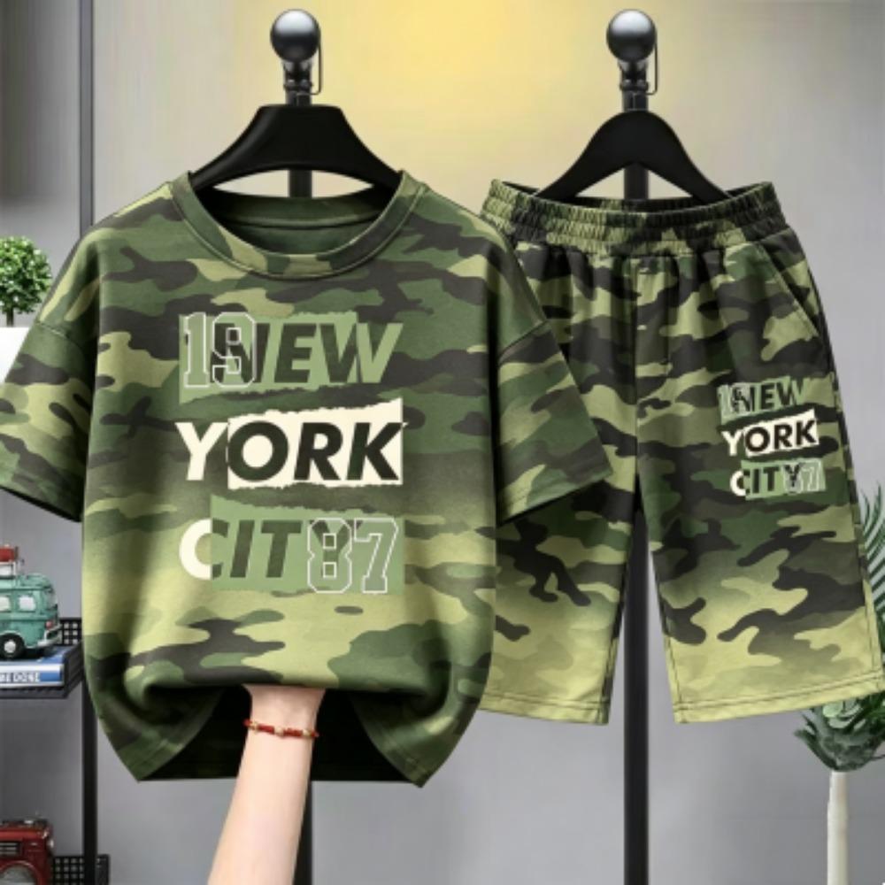 

Fashion Camouflage Zebra Stripe Letter Printed Kids T-shirt and Shorts 2 Piece Set Summer Home Outdoor Casual Outfit for Boys and Girls Kids Set 100