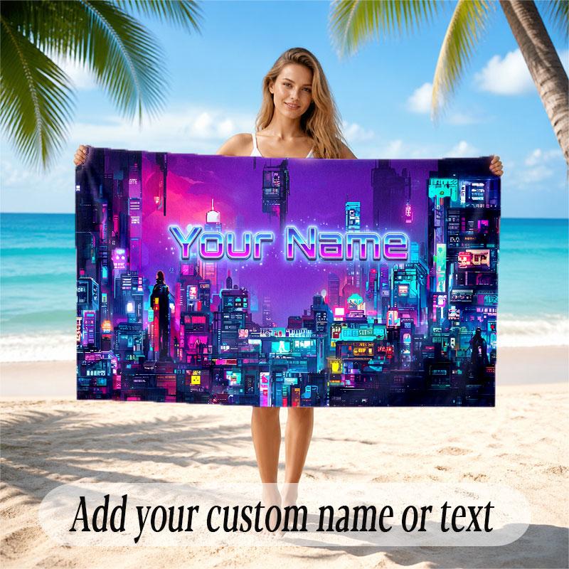 City Cyberpunk Theme Soft Beach Towel Personalized Custom Name Text Towel Portable for Beach Pool Travel