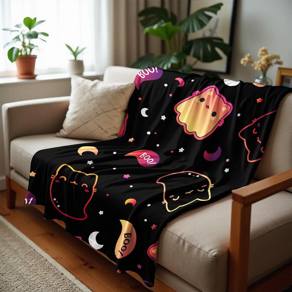 Gradient Cat Ghost Boo Night Cartoon Anime Print Flannel Blanket Soft Warm Throw for Kids Bedroom Sofa Christmas Office Car