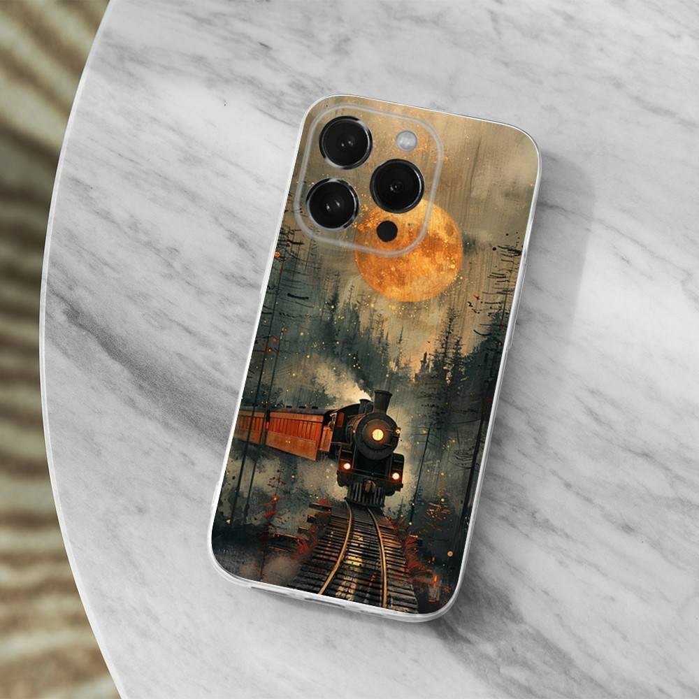 Cool Art Steam Train Phone Case For iPhone,14,13,XR,SE,12,15,Pro,Max,Plus,11,17,16,X,XS,Mini Transparent Soft Cover