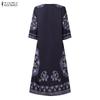 ZANZEA Women Ethnic Print Casual V-Neck 3/4 Sleeve Loose Dress