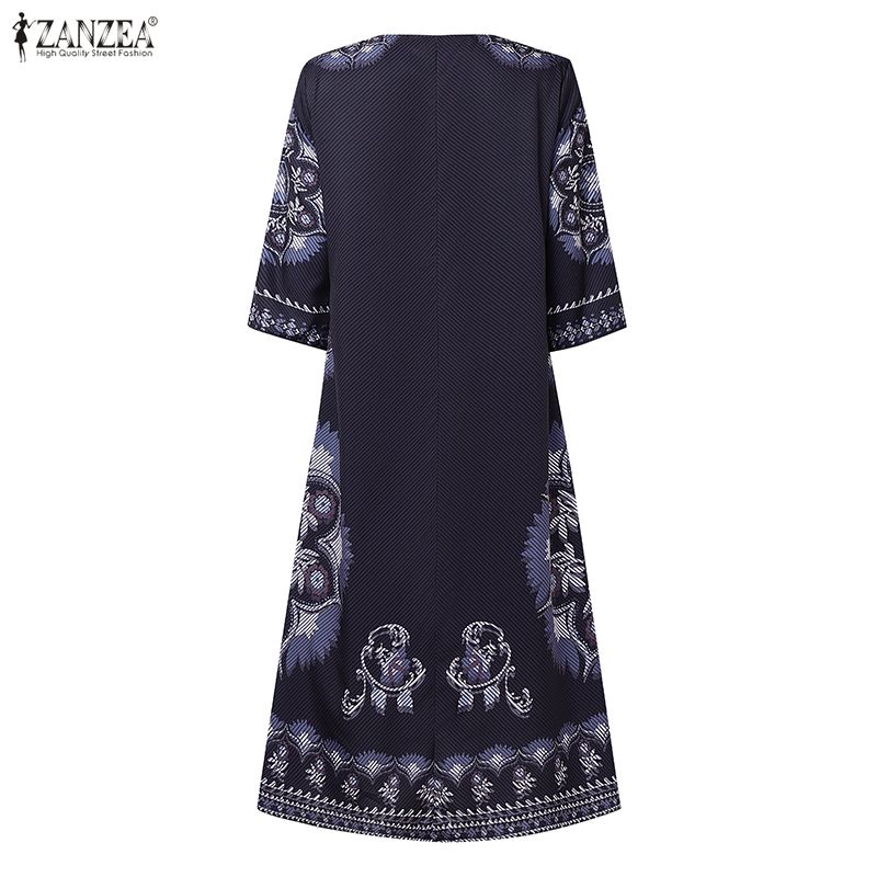 ZANZEA Women Ethnic Print Casual V-Neck 3/4 Sleeve Loose Dress