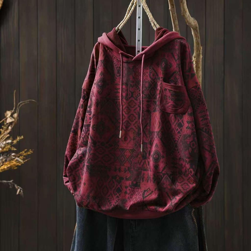 Johnature Women Vintage Hooded Pullover Sweaters Print Floral Patchwork Pockets Autumn Knitted Casual Female Sweaters