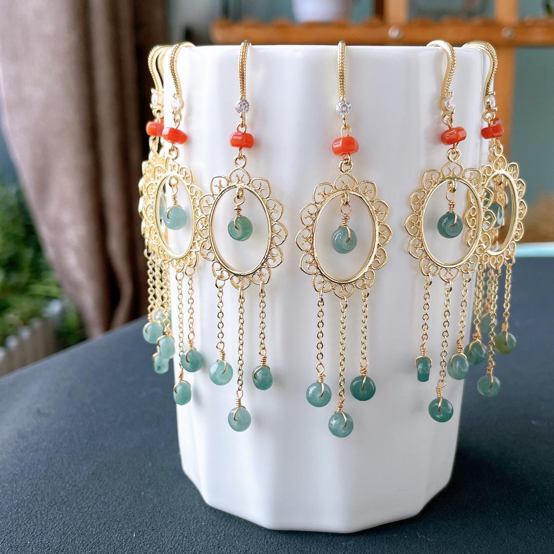 A-Grade Red Jade 14k Gold Plated Earrings, Chinese Style Blue Water Tassel Drops