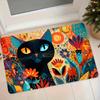 1pc Artistic Black Cat Floral Flannel Floor Mat, Non-Slip Absorbent Doormat for Entryway, Bathroom, Kitchen, Home Entryway, Bedroom, Cartoon Cat Decor