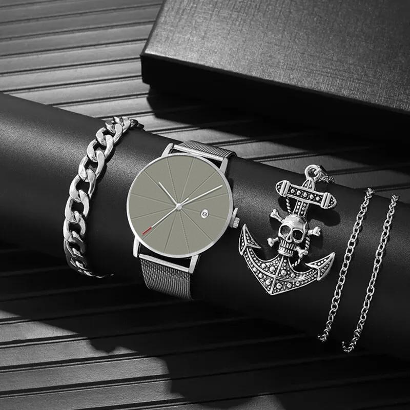 

Набор из 3 предметов, модные мужские простые часы, мужские деловые кварцевые часы с сетчатым ремешком из нержавеющей стали, мужские наручные часы с ожерельем и браслетом, подарок для мужчин