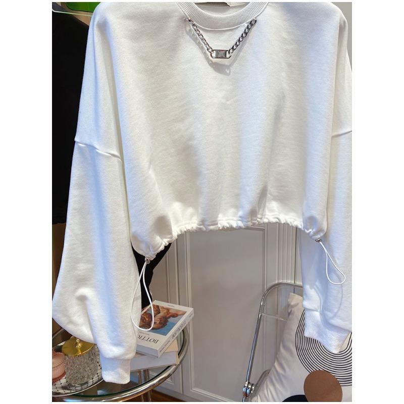 Fashionable Solid Color Sweatshirt Women's Short Autumn Thin Top Korean Style Drawstring Round Neck Versatile Casual Pullover