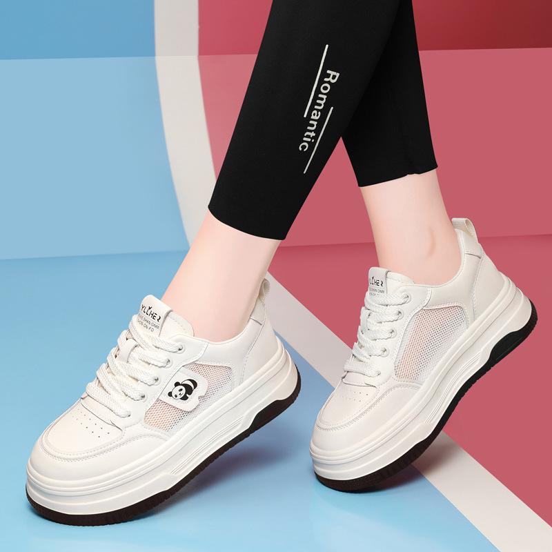 Thick-soled breathable little white shoes versatile women's shoes spring new leather round head mesh shoes casual sports board shoes