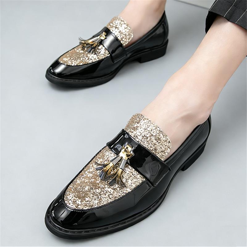 Modny projektant Nowe Szpiczaste Buty Patchworkowe z Frędzlami i Płatkami Śniegu dla Mężczyzn Formalne Ślubne Homecoming Sapatos Tenis Masculino