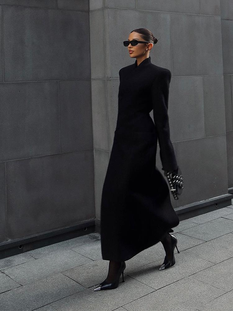 Damen Einreihiger Taillenbetonter Schultergepolsterter Mantel Damen Langer Modischer Warmer Mantel Schwarz 2025 Neue Kollektion