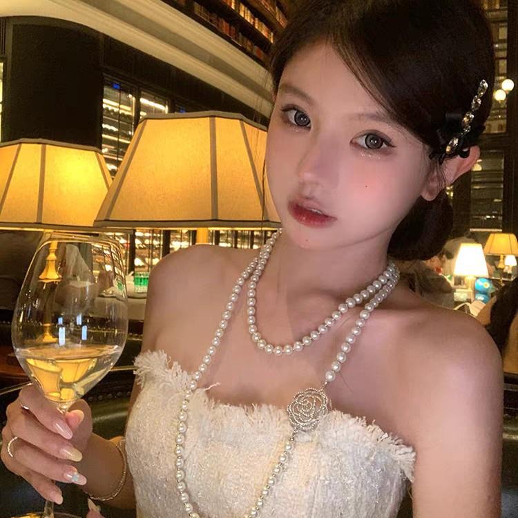 Camellia flower pearl stackable belt necklace 2026 new popular neck chain fashion temperament long sweater chain women