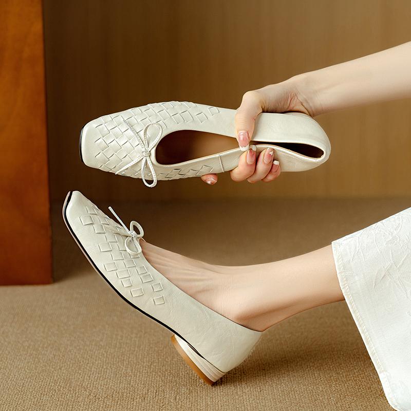 Fashion 2025 New Spring Women Pumps Genuine Leather Shoes for Women Fashion Shallow Butterfly-knot Square Toe Women Ladies Shoes