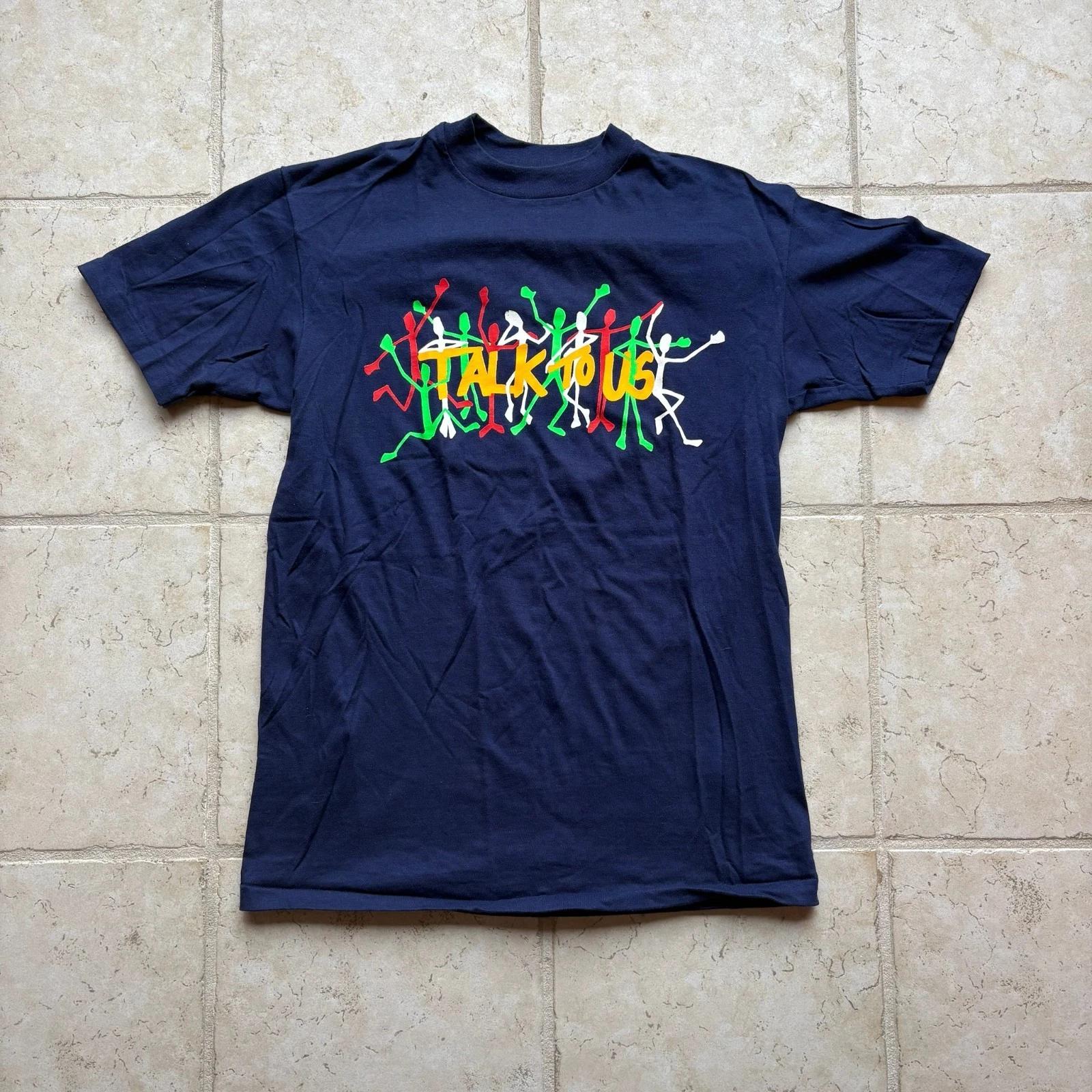 

Vintage 90s Talk To Us Stick Figure Graphic Tee Single Stitch USA Made Navy XL XL
