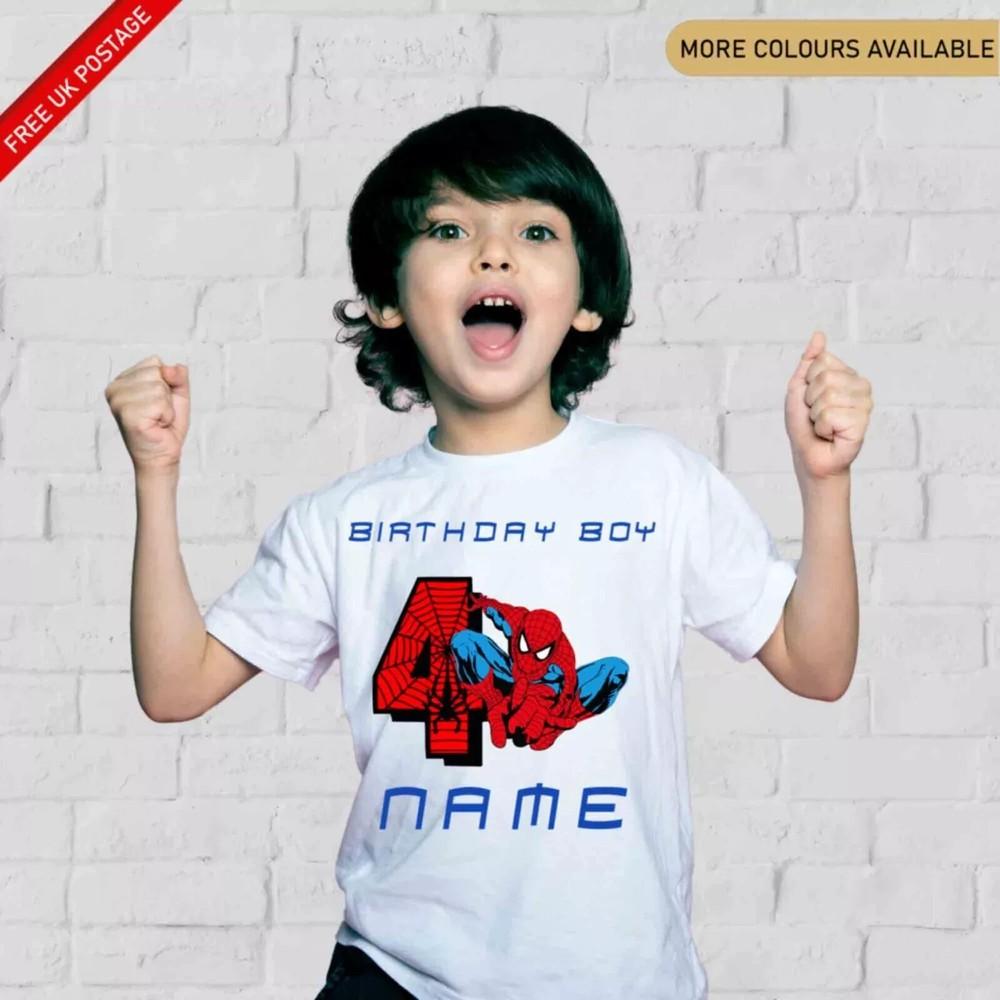 

Personalised Spidermann Kids T-Shirt Birthday Boy Any Name and Number Gift Tee XL