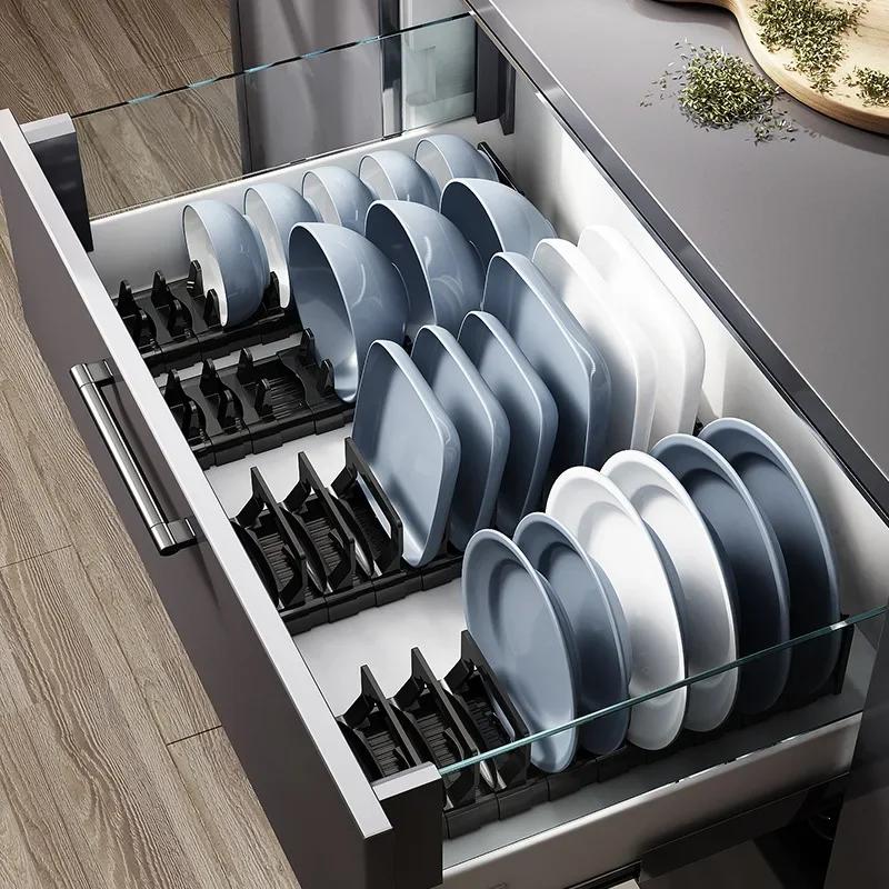 40/45cm Under Cabinet Drawer Bowls Plate Storage Holder Household Cabinet Drawer Dishes Adjustable Tableware Kitchen Accessories
